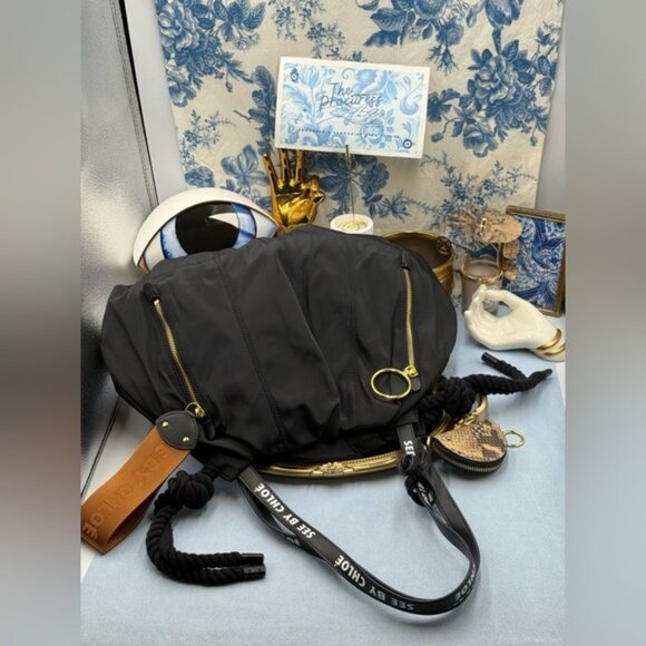 🆕 SEE BY CHLOE 🧿 NWOT Flo Shoulder Bag, Black Nylon - Picture 10 of 16